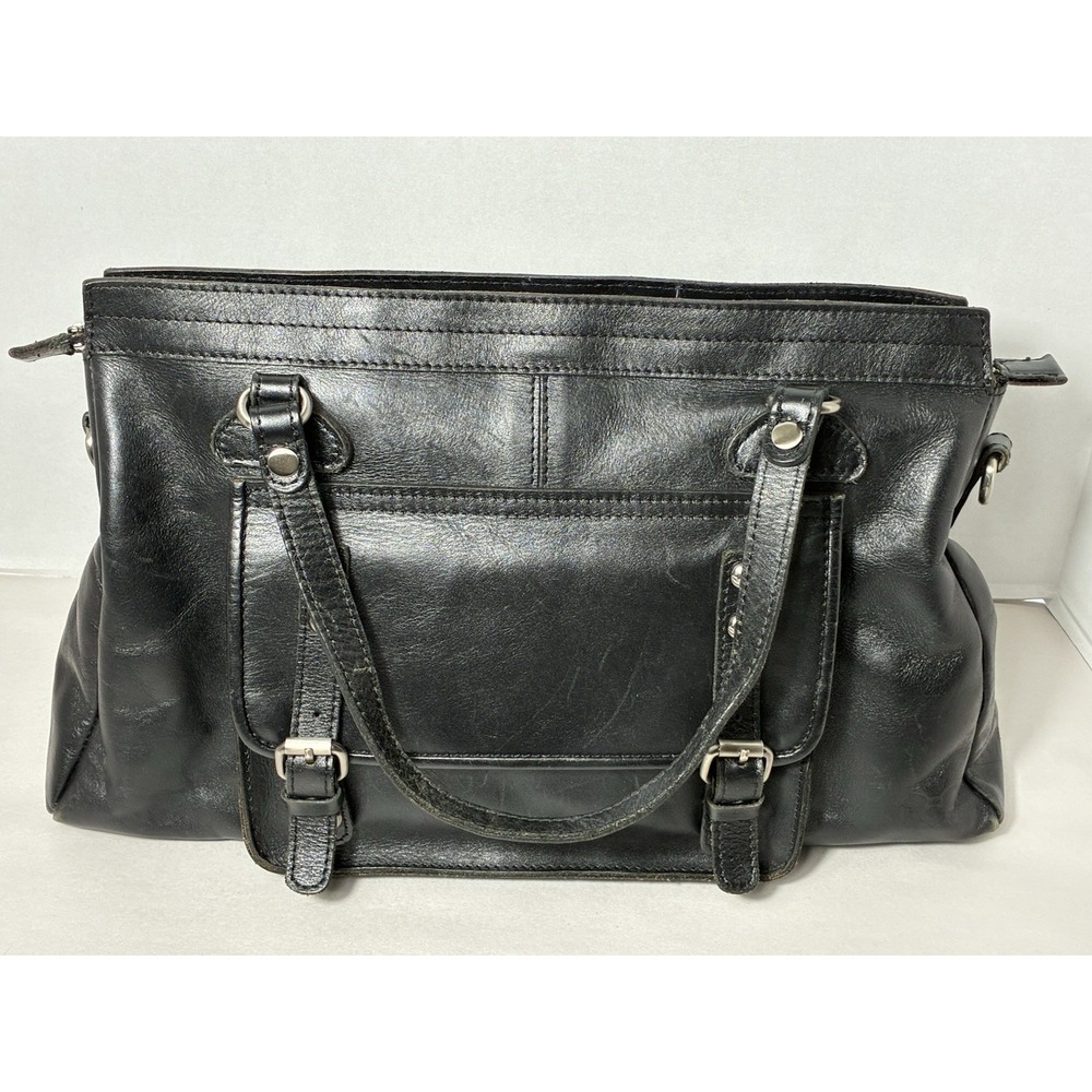 Patricia Nash 100% Leather Tote Shoulder Bag Black Zip Closure Designer Buckle
